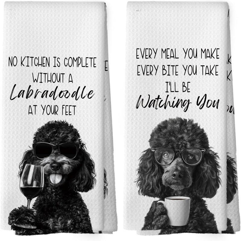 Mcehtle Funny Black Labradoodle Kitchen Towels Set of 2, Dog Kitchen Accessories, Coffee Station Decor, Dog Chef Gift Hand Towel, Dining Room Decorative Tea Towel Dish Towels 16x24 Inch - Image 1